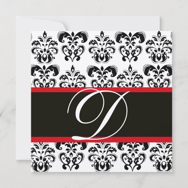 Invitation ARGENT & NOIR  DAMAS MONOGRAMME ROUGE , blanc (Devant)