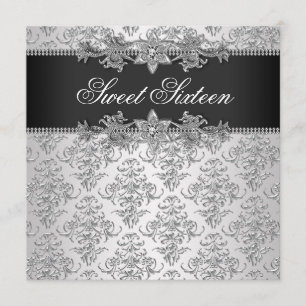 Invitation Argent Noir Damassé Noir Blanc Anniversaire 16 ans