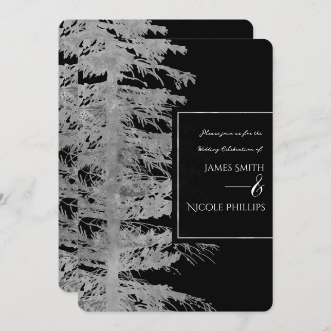 Invitation Argent Noir Glam Pine Arbre Rustique Forêt Mariage (Devant / Derrière)