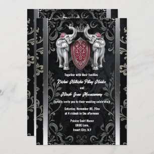 Invitation Argent noir Hindi Hindu Inde éléphants couronne