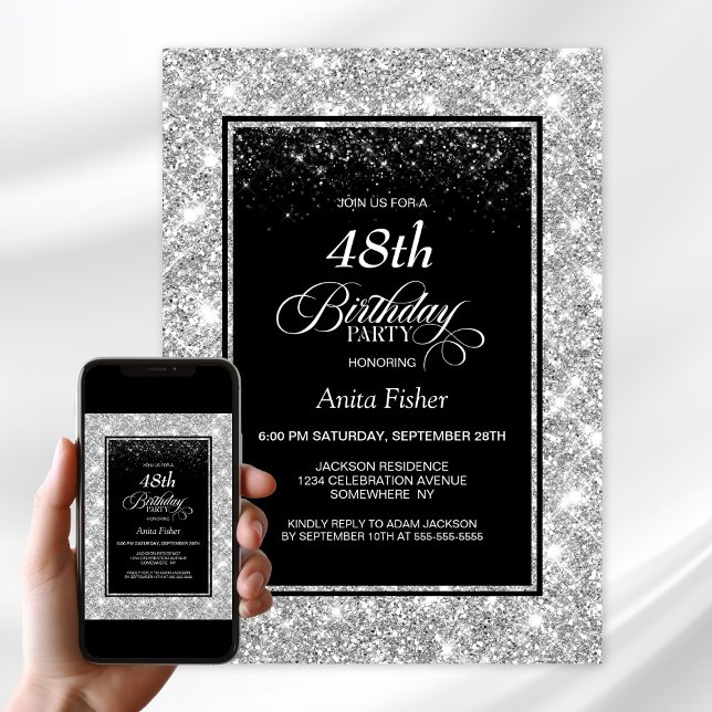 Invitation Argent Noir moderne N'importe quel âge fête d'anni (Créateur téléchargé)