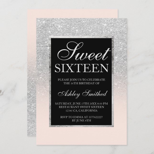 Invitation argent noir parties scintillant rose élégant chic  (Devant / Derrière)