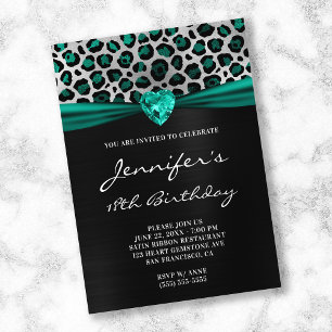 Invitation Argent noir Turquoise léopard vert huile 18e anniv