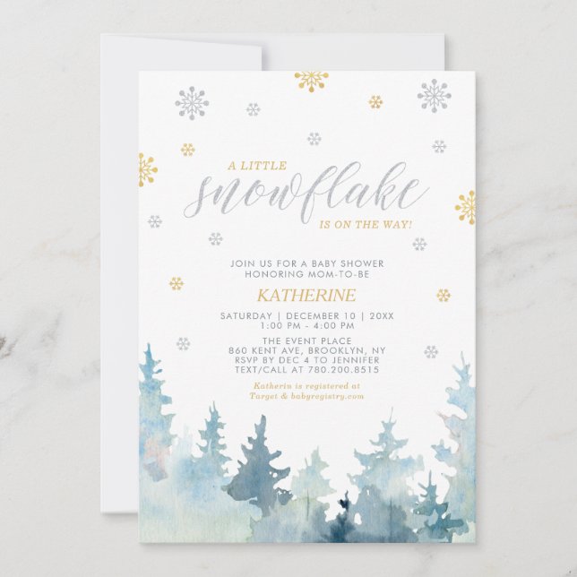 Invitation Argent & Or, Petit Flocon Bébé Shower d'Hiver (Devant)