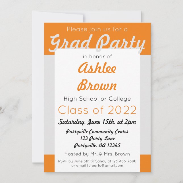 Invitation Argent Orange Grad Party Gras Graduation (Devant)