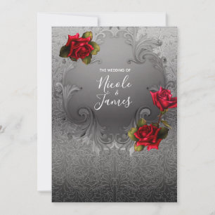 Invitation Argent Ornemental Vintage Fancy Roses rouges Maria