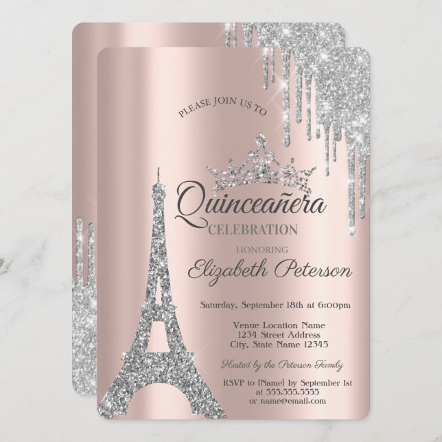 Invitation Argent Paris Tour Eiffel, Drives Quinceañera (Devant / Derrière)