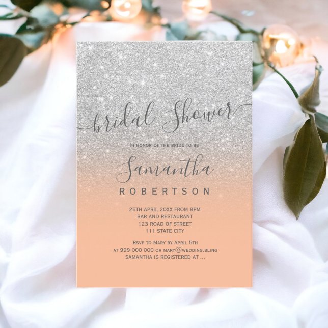 Invitation Argent parties scintillant pêche script douche de  (Silver glitter peach script bridal shower invitation)