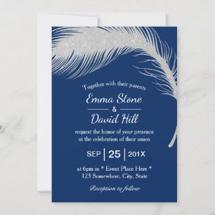 Invitation Argent Peacock Feather Marine Mariage bleu