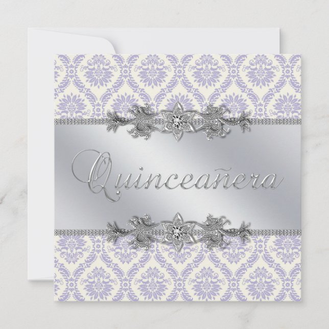 Invitation Argent Pourpre Damassé Quinceanera (Devant)
