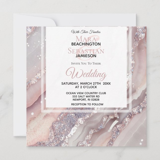 Invitation *~* Argent QR BLUSH PINK AGATE AR66 Mariage RSVP (Devant)