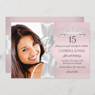 Invitation Argent rose diamant Bow Tiara Quinceanera Invitati