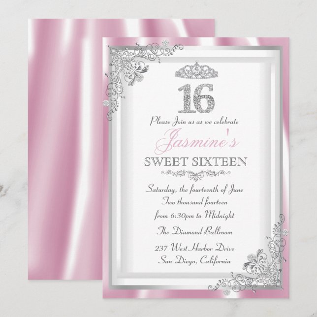 Invitation Argent rose diamant Damask & Tiara Sweet 16 Invita (Devant / Derrière)