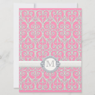 Invitation Argent rose, Diamants et dentelle, Mariage monogra
