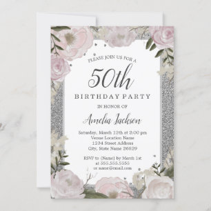 Invitation Argent rose étincelant Floral 50e anniversaire