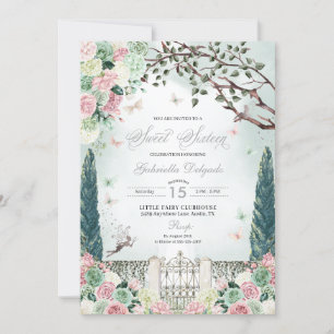 Invitation Argent rose Fée Enchantée Jardin Sweet 16