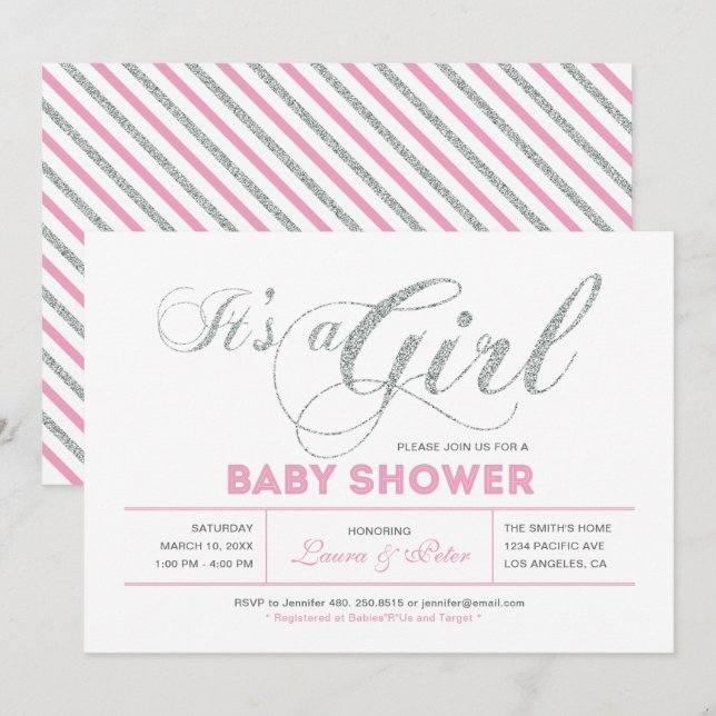 Invitation Argent & Rose | Fille, Typographie Chic pour Baby  (Devant / Derrière)