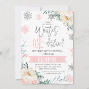 Invitation Argent rose Floral Hiver Onederland 1er anniversai