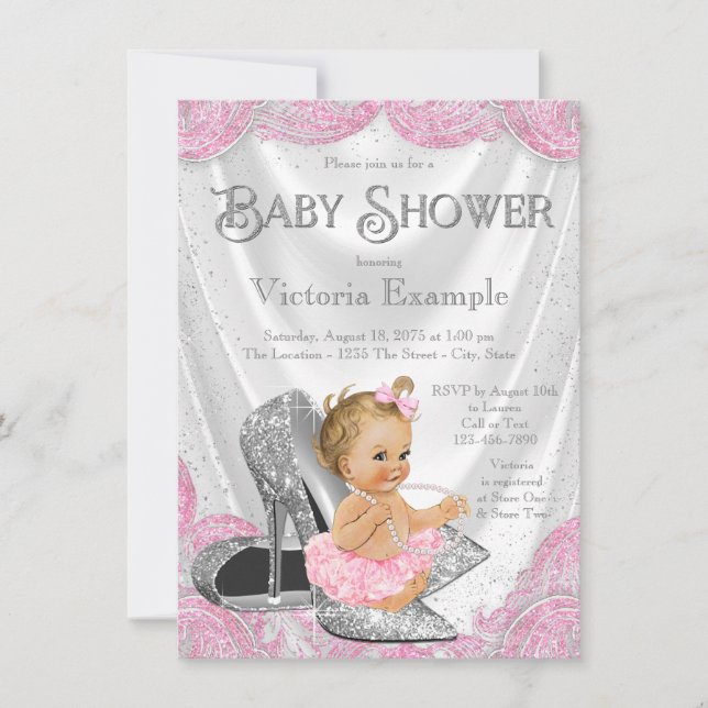 Invitation Argent rose haute talon Chaussure bébé Douche Invi (Devant)