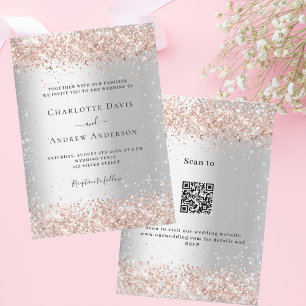 Invitation Argent rose or QR RSVP détails mariage de luxe