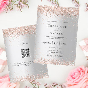 Invitation Argent rose or QR RSVP détails mariage de luxe