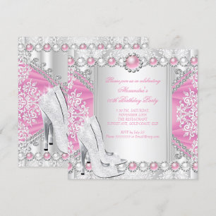 Invitation Argent rose talons hauts Perle blanche fête d'anni