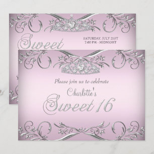 Invitation Argent rose Tiara Sweet 16 Anniversaire