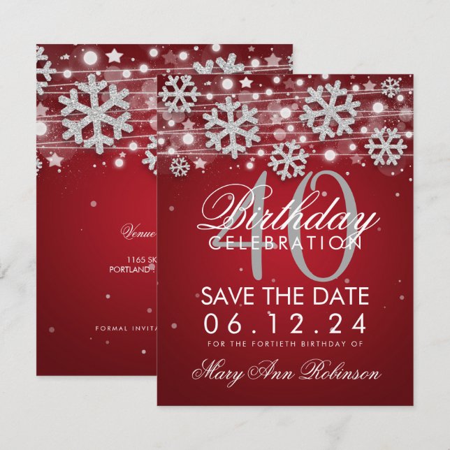 Invitation Argent Rouge 40e anniversaire Save Date Hiver (Devant / Derrière)