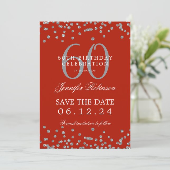 Invitation Argent Rouge 60e anniversaire Date de sauvegarde C (Debout devant)