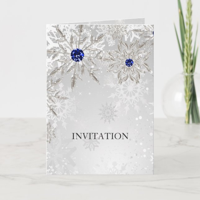 Invitation argent royal bleu snowflakes mariage d'hiver (Devant)
