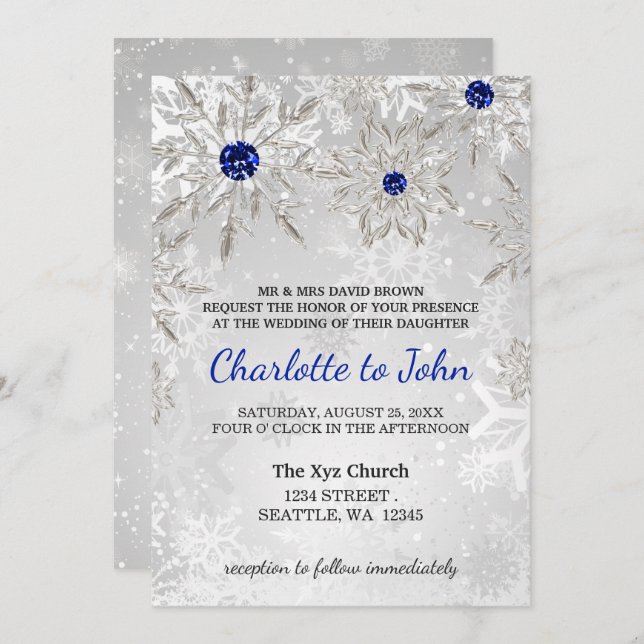 Invitation argent royal bleu snowflakes mariage d'hiver (Devant / Derrière)