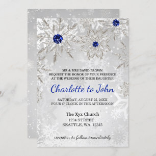 Invitation argent royal bleu snowflakes mariage d'hiver