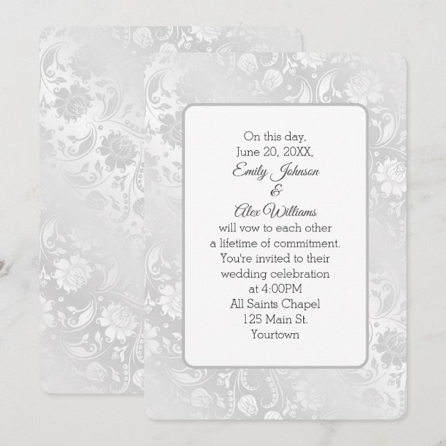 Invitation Argent Shimmer Mariage Floral Design (Devant / Derrière)