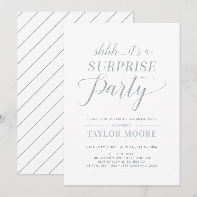 Invitation Argent | Simple Surprise Moderne pour une fête de  (Devant / Derrière)