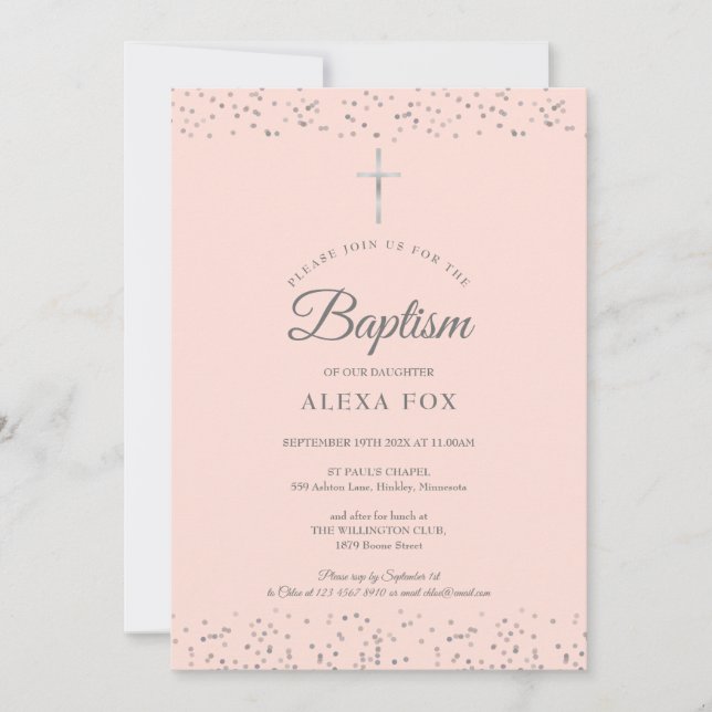 Invitation Argent Stardust Baptême Christening Blush Pink (Devant)