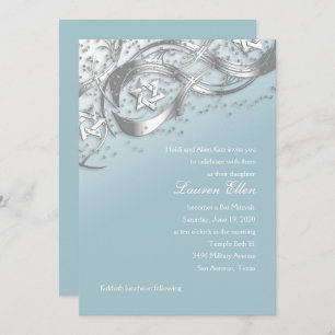 Invitation Argent Stars Confetti Flourdissant Bat mitzvah Bla