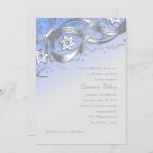 Invitation Argent Stars Confetti Flourdissant Bat mitzvah ble