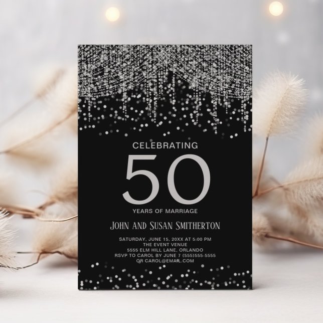 Invitation Argent String Parties scintillant lumière Noir 50e (Elegant silver and black 50th anniversary invitation)