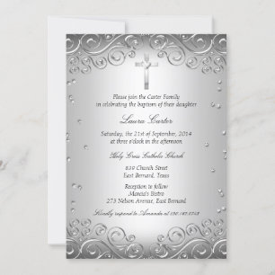 Invitation Argent Swirl & Cross Baptism/Christening