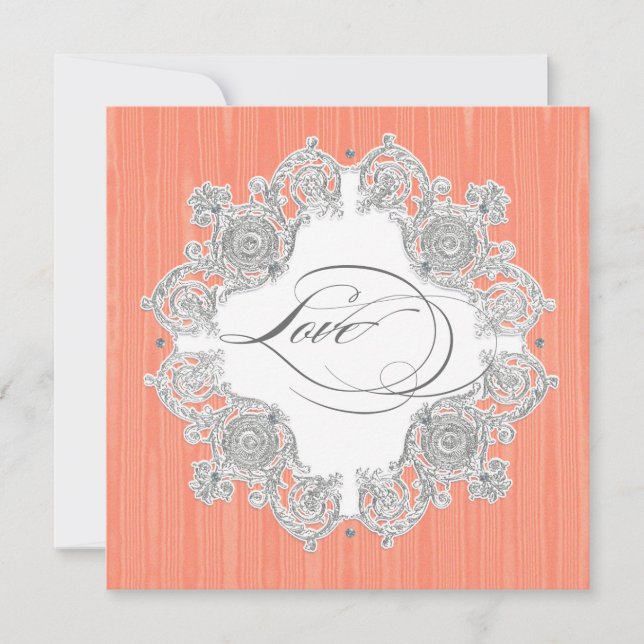 Invitation Argent Swirl Moire - Coral Peach Mariage officiel (Devant)