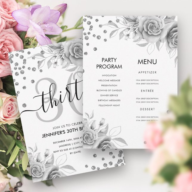 Invitation Argent tout en une Parties scintillant florale 30e (Silver All in One Floral Glitter 30th Birthday Invitation)