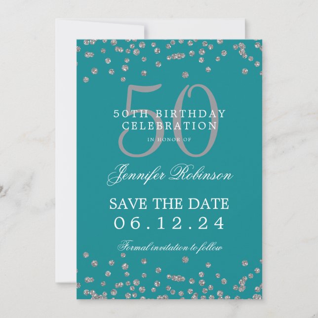 Invitation Argent Turquoise 50 Anniversaire Date de sauvegard (Devant)