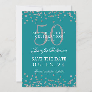 Invitation Argent Turquoise 50 Anniversaire Date de sauvegard