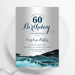 Invitation Argent Turquoise Agate 60e anniversaire<br><div class="desc">Turquoise et argent agate 60e anniversaire invitation de fête. Design élégant et moderne avec aquarelle agate marbre arrière - plan,  faux parties scintillant argent et typographie script. Carte invitation branchée parfaite pour une célébration anniversaire féminine élégante. Invitations Zazzle imprimées ou téléchargement instantané modèle imprimable numérique.</div>