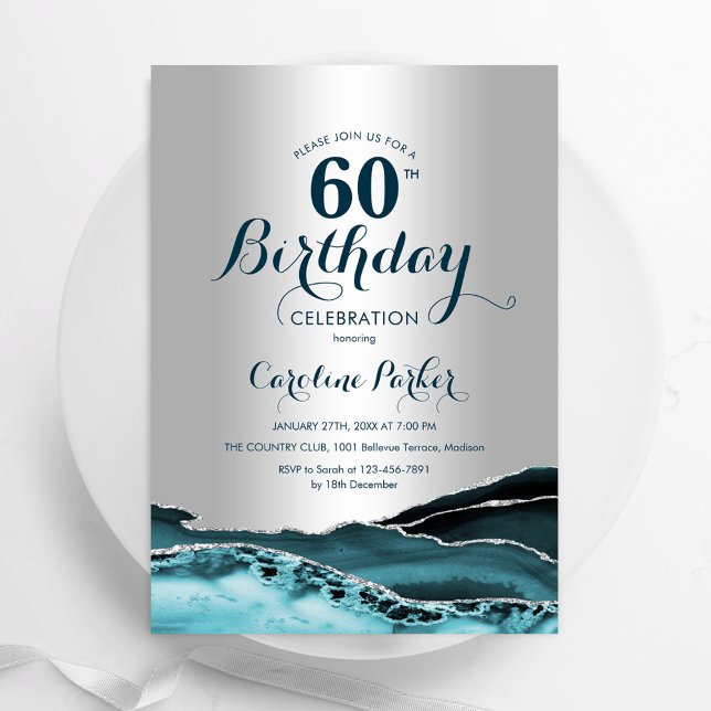 Invitation Argent Turquoise Agate 60e anniversaire (Créateur téléchargé)