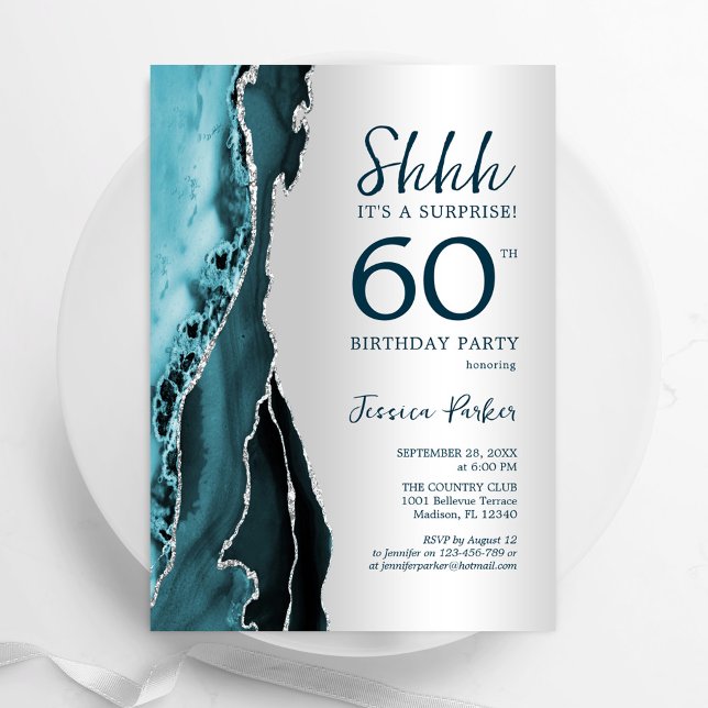 Invitation Argent Turquoise Agate Surprise 60e anniversaire (Créateur téléchargé)