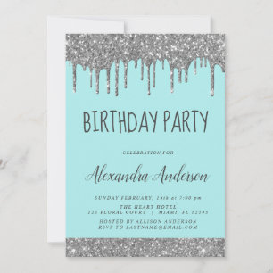 Invitation Argent Turquoise Bleu Étincelle Parties scintillan