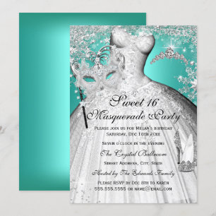 Invitation Argent Turquoise Princesse Masquerade Sweet 16 Inv