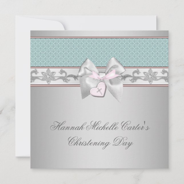 Invitation Argent Turquoise Rose Girls Christening (Devant)