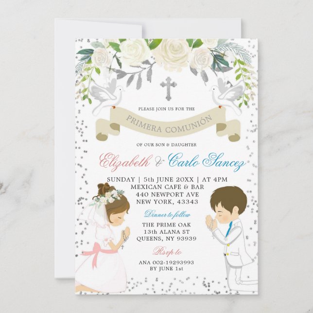 Invitation Argent Twin Boy Girl Kneel First Holy Communion (Devant)